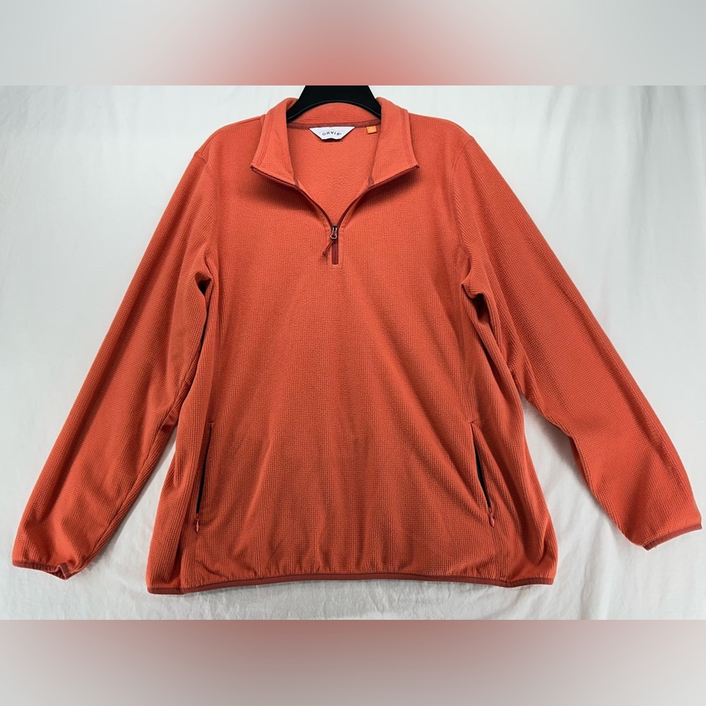Orvis Mens XL Orange 1/4 Zip Thermal Waffle Knit Sweater Pullover Pockets Hiking